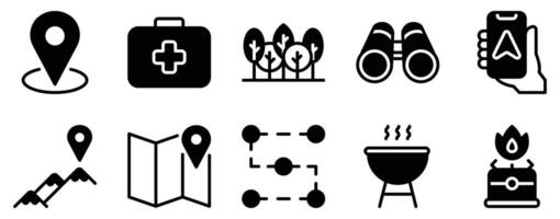 Adventure Icon Set Solid Style Collection A modern set of solid-style adventure icons perfect for maps travel guides and outdoor-themed designs. vector