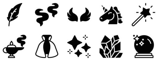 Magic and Fairy Tale Icon Set Solid Style Collection A modern set of solid-style icons perfect for fantasy themes storybooks and enchanted designs. vector
