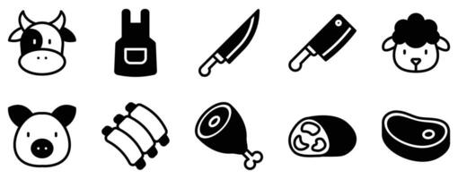 Butcher Icon Set Solid Style Collection A modern set of solid-style butcher icons perfect for menus packaging and meat industry branding. vector