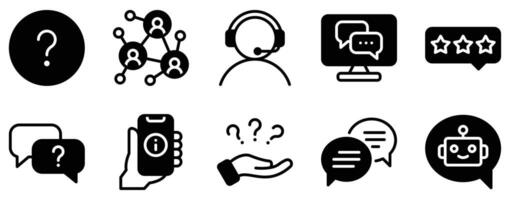 Frequently Asked Question Icon Set Solid Style Collection A modern set of solid-style FAQ icons perfect for websites help centers and customer support. vector