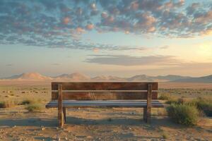 A bench sitting in the middle of a desert photo
