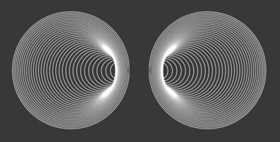 Minimalist design of two mirrored circles with concentric white lines on a dark background. vector