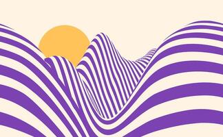 Seamless horizontal illustration. Abstract wavy mountain landscape with bold purple and beige stripes, featuring a golden sun in the background. Optical illusion effect with fluid motion, dynamic vector