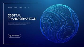 Futuristic digital transformation concept with abstract glowing sphere, blue technology background, modern UI design, and wireframe globe for innovation and data visualization vector