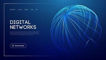Digital networks technology with abstract glowing sphere, blue futuristic background, connected data visualization, modern UI design, and wireframe globe for innovation and connectivity vector