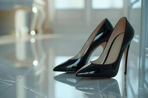 A pair of black high heels on a marble floor photo
