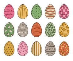 Big colorful doodle set with Easter egg with geometric, abstract, swirl striped, checked, dot ornament. Trendy hand drawn symbol of Easter egg hunt. Cute painted doodle of isolated on background. vector