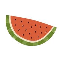 Lovely cartoon watermelon slice with seeds and rind in childish style. Multicolored large piece of fruit from tropics and summertime isolated on white. Cute juicy watermelon for poster, design, print. vector