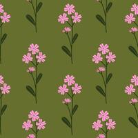 Seamless pattern with pink flower and leaves on green background. Hand drawn illustration for wrapping paper, textile, fabric. vector