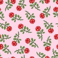 Seamless pattern with pixel flowers roses and leaves. Hand drawn illustration in pixel style for wrapping paper, textile, fabric. vector