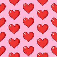 Romantic seamless pattern of bright red pixel hearts on a soft pink background. Hand drawn illustration for wrapping paper, textile, fabric. vector