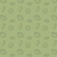 Healthy vibe, nutrition with nuts and seeds, seamless pattern with walnut, hazelnut, pistachio and almond. On green background. vector
