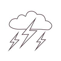 Black and white stormy weather icon with clouds and lightning bolts in doodle style. Simple meteorology symbol for weather forecasts, climate apps, and educational materials. vector