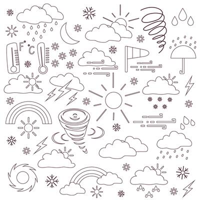 Meteorology and weather phenomenon, lightning bolt flash thunder icon electric isolated , climate condition set, fleshcards for kids, instrument for measuring atmospheric and weather events.