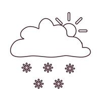 Black and white partly cloudy weather icon with sun, cloud, and snowflakes in doodle style. Simple meteorology symbol for forecasts, climate apps, educational materials, and commercial design. vector