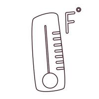 Black and white Fahrenheit thermometer icon for weather forecast and climate measurement. Simple temperature gauge symbol in doodle style, perfect for educational materials, meteorology. vector