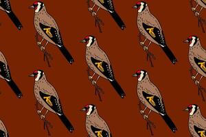 Botanical abstract seamless pattern with garden birds illustration. Colorful repeating carduelis birds cartoon pattern in brown color background. Graphic design for Fashion Cover Textile Print vector