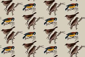 Botanical abstract seamless pattern with garden birds illustration. Colorful repeating cartoon pattern birds in beige color background. Graphic design for Fashion Cover Textile Birthday Card vector