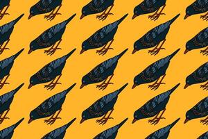 Botanical abstract seamless pattern with garden birds illustration. Colorful repeating cartoon pattern common starling in yellow background. Graphic design for Fashion Cover Textile Birthday vector