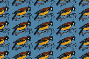 Botanical abstract seamless pattern with garden birds illustration. Colorful repeating cartoon pattern great tit in blue color background. Graphic design for Fashion Cover Textile Print Card vector