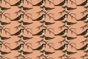 Botanical abstract seamless pattern with garden birds illustration. Colorful repeating sparrow birds cartoon pattern in beige color background. Graphic design for Fashion Cover Textile Birthday vector