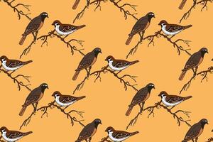 Botanical abstract seamless pattern with garden birds illustration.Colorful repeating sparrow birds cartoon pattern in yellow color background. Graphic design for Fashion Cover Textile Print vector