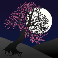 Landscape by night with a pretty blossom tree.There is a huge moon in the sky vector