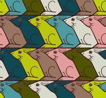 Seamless Escher style tessellation pattern with colourful rabbits in rows, bold graphic design vector