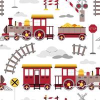 Seamless pattern with steam locomotive, rails and barrier in flat style. Childish background with toy train for fabric, wallpaper, scrapbooking, etc. vector