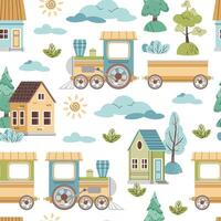 Seamless pattern with steam locomotive, houses and trees in flat style. Childish background with toy train for fabric, wallpaper, scrapbooking, etc. vector