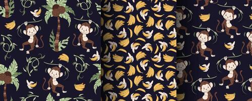 Set of seamless patterns with cute monkeys in flat style. Repeating background with African animals, palm trees and bananas. Childish illustration for fabric, wallpaper vector