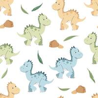 Seamless pattern with cute dinosaurs in flat style. Repeating background with baby dinosaur and leaves. Childish background for fabric, wallpaper, wrapping paper vector