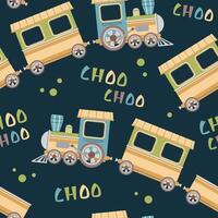 Seamless pattern with a steam locomotive in flat style. Childish background with toy train for fabric, wallpaper, scrapbooking, etc. vector