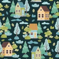 Seamless pattern with cute colorful houses and forest trees in flat style. Children's Background with country houses, spruce and clouds. Cartoon texture for fabric, wallpaper, clothes. vector