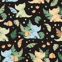 Seamless pattern with cute dinosaurs in flat style. Endless background with baby dinosaur, tropical plants and footprints. Kiddie background for fabric, wallpaper, wrapping paper vector