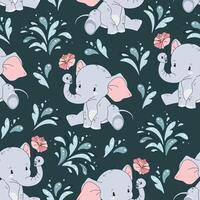 Seamless pattern with cute elephants and water splashes in flat style. Repeating background with African animals. Childish illustration for fabric, wallpaper, wrapping paper, scrapbooking etc. vector