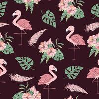 Seamless pattern with cute flamingos in flat style. Repeating background with tropical birds, hibiscus and leaves. Childish illustration for fabric, wallpaper, wrapping paper, scrapbooking, etc. vector