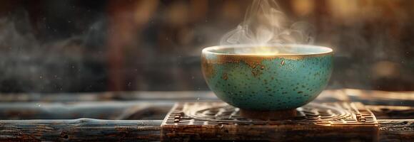 A cup of tea on a wooden table photo
