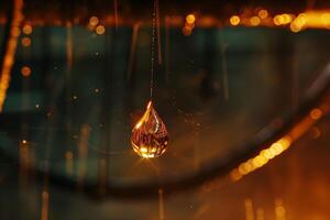 A drop of water hanging from a wire photo
