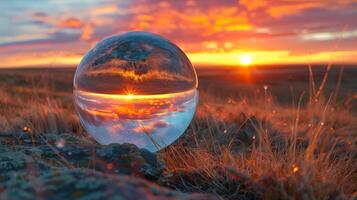 A glass ball sitting on a hill with a sunset in the background photo