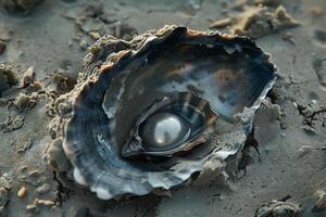 A pearl in a shell on the beach photo