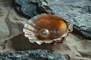 A pearl in a shell on the beach photo