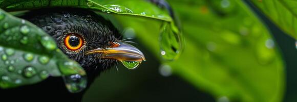 A bird with a big orange eye peeks out from behind a leaf photo