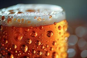 A close up of a glass of beer with bubbles photo