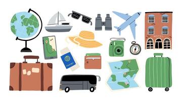 colorful collection of travel-related illustrations, including a globe, airplane, suitcase, passport, and hotel, symbolizing adventure and exploration vector