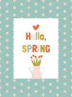 Cute card congratulating on the beginning of spring on a floral background with a pink watering can vector