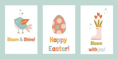 a set of cards for Easter and early spring with bright inscriptions, birds, an Easter egg and a rubber boot with flowers vector