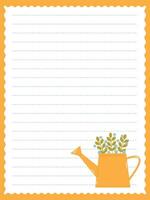 Recording page template with cute watering can with spring flowers vector