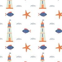 Marine pattern for children with a lighthouse, fish and starfish vector