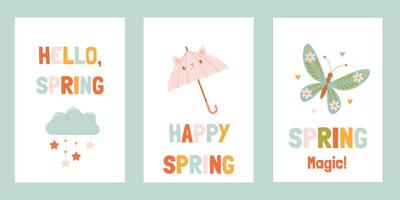 a set of cards for the beginning of spring with bright inscriptions, butterflies, clouds and a cute umbrella vector